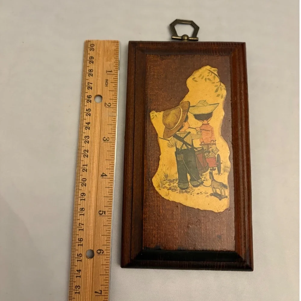 1970s Vintage Wood Wall Art Plaque Two Kids With Dog Country Scene Hanging Decor